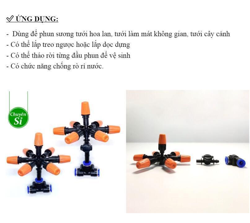 Béc phun sương cam 7 hướng kèm tê nối ống ldpe 8mm