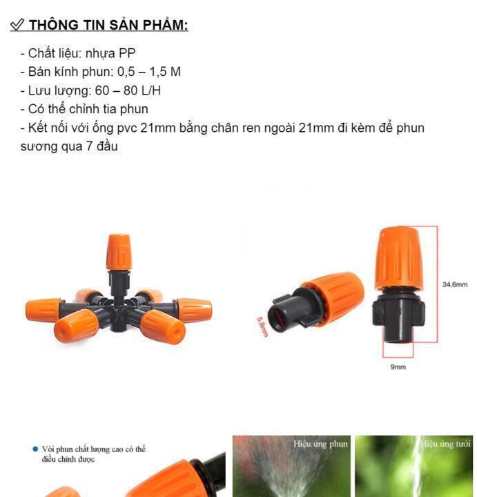 Béc phun sương cam 7 hướng kèm tê nối ống ldpe 8mm