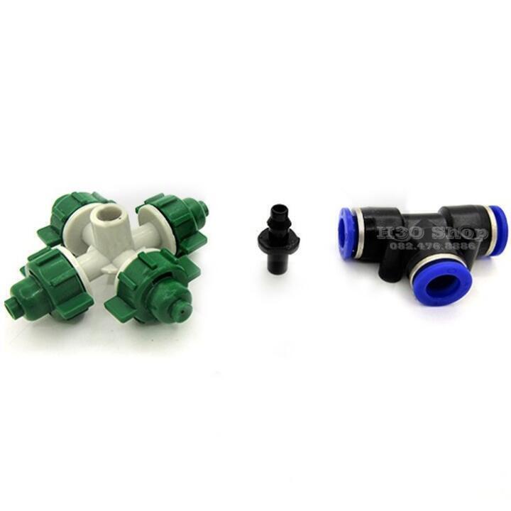 Béc phun sương 4 hướng màu xanh gắn kèm T nối nhanh ống 8mm